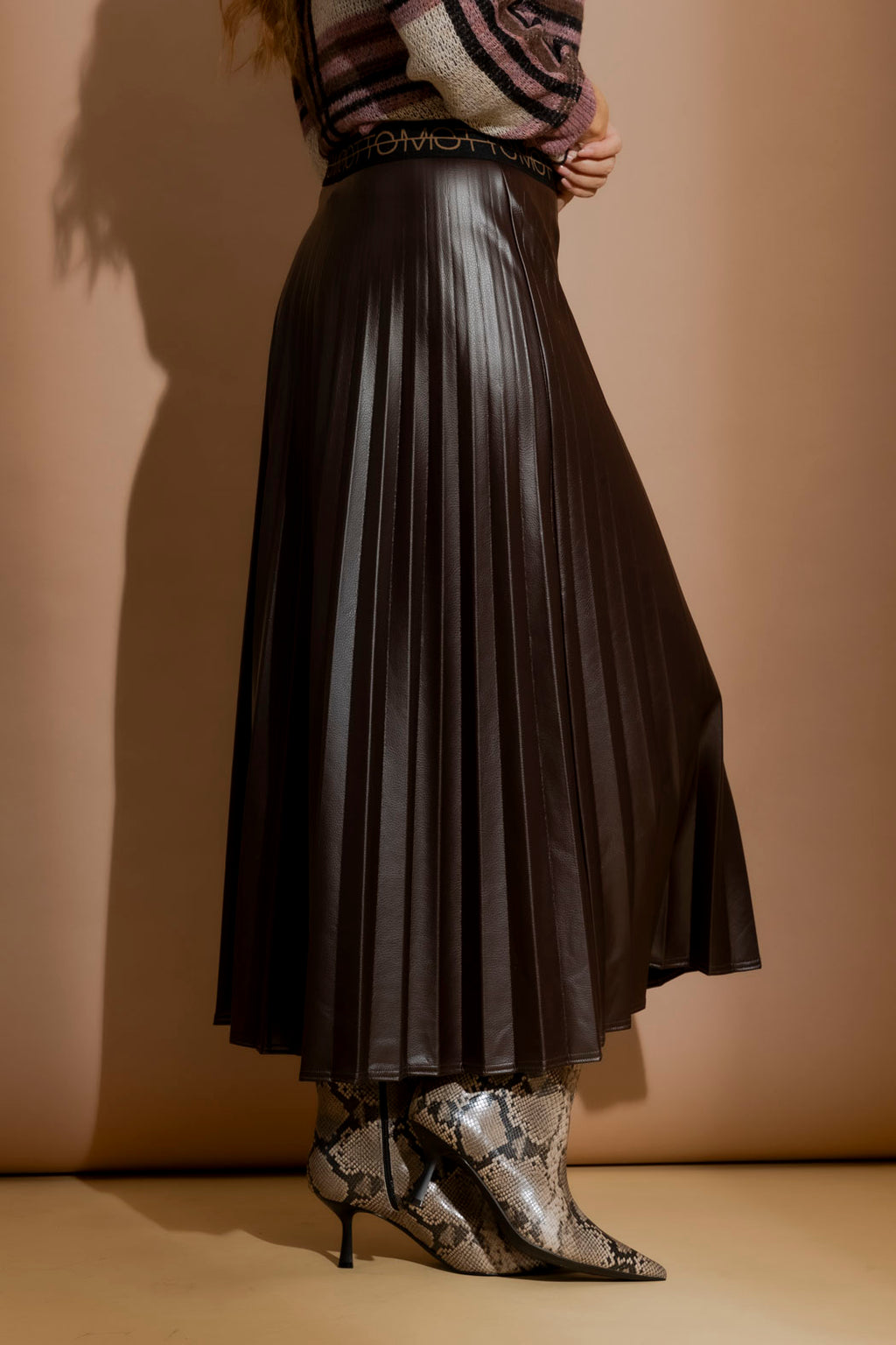 Coffee Croc Coated Pleat Skirt