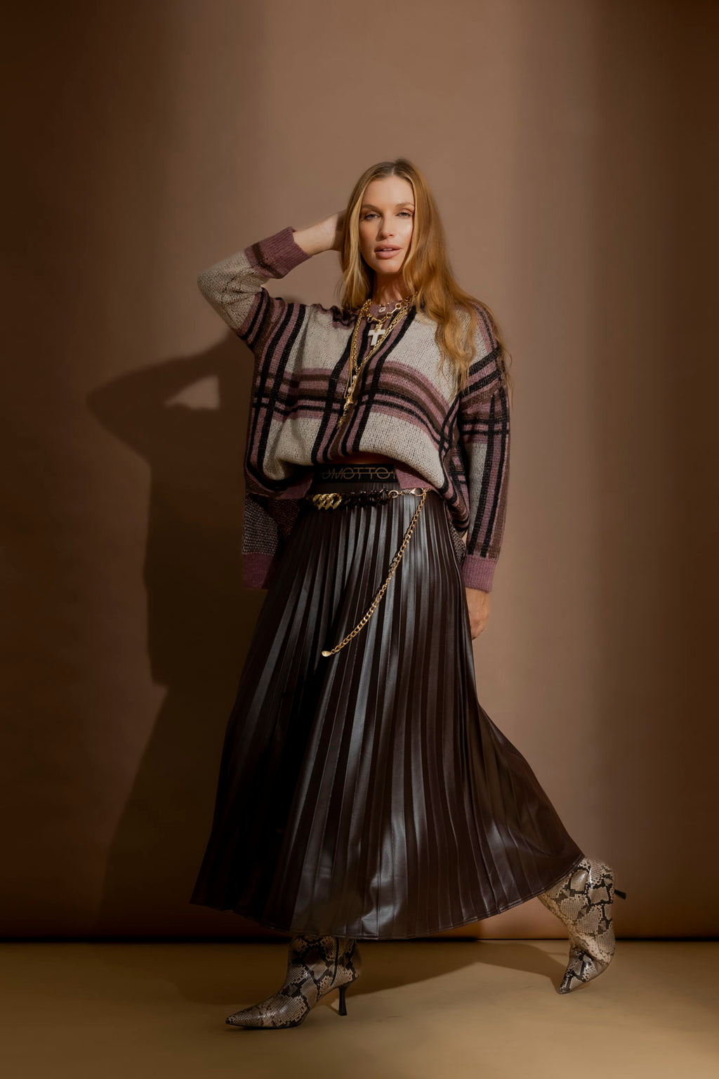 Coffee Croc Coated Pleat Skirt