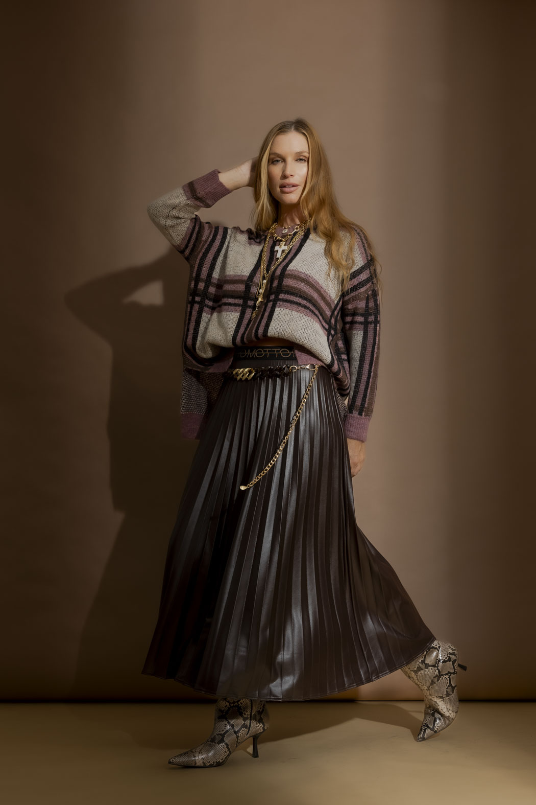 Coffee Croc Coated Pleat Skirt