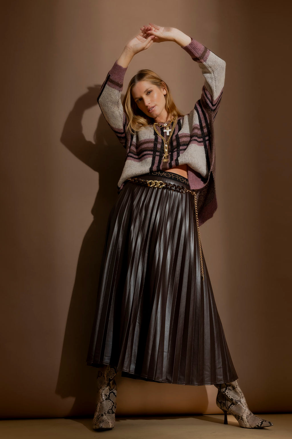 Coffee Croc Coated Pleat Skirt