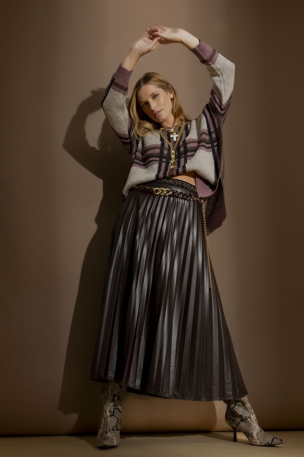 Coffee Croc Coated Pleat Skirt