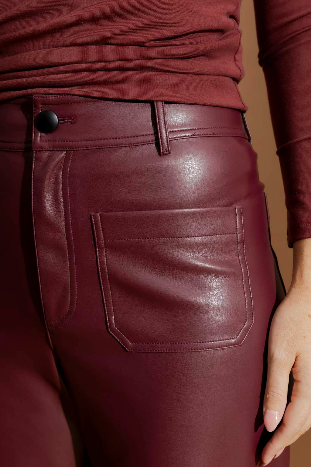 Burgundy Faux Leather Pocket Pant