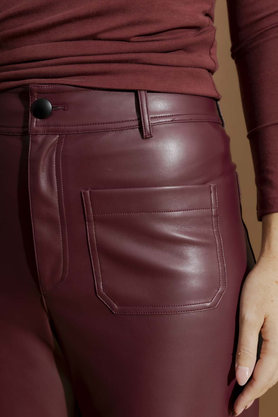 Burgundy Faux Leather Pocket Pant