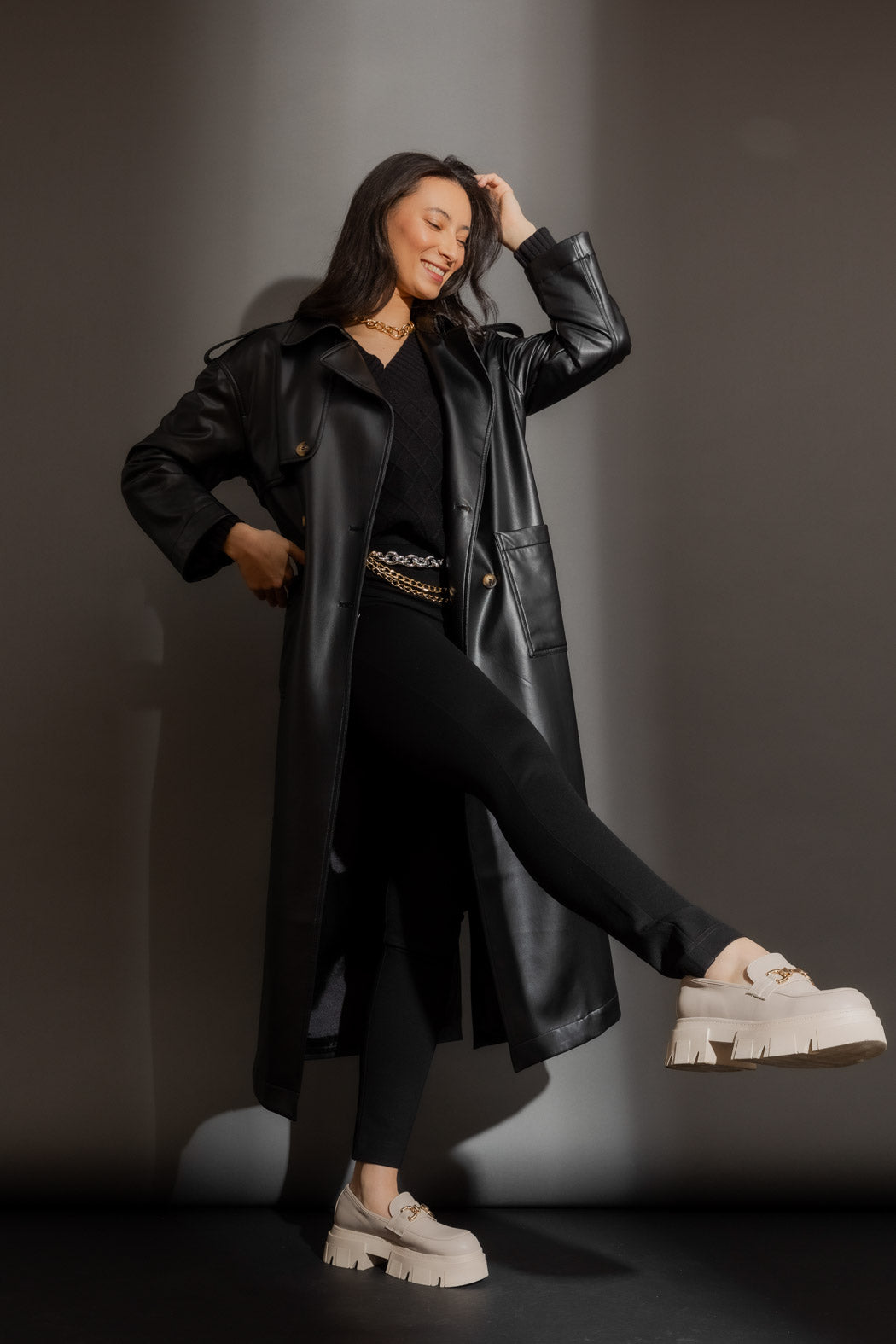 Black Faux Leather Trench Coat Black S
