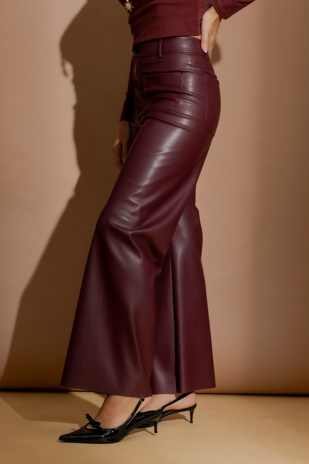 Burgundy Faux Leather Pocket Pant