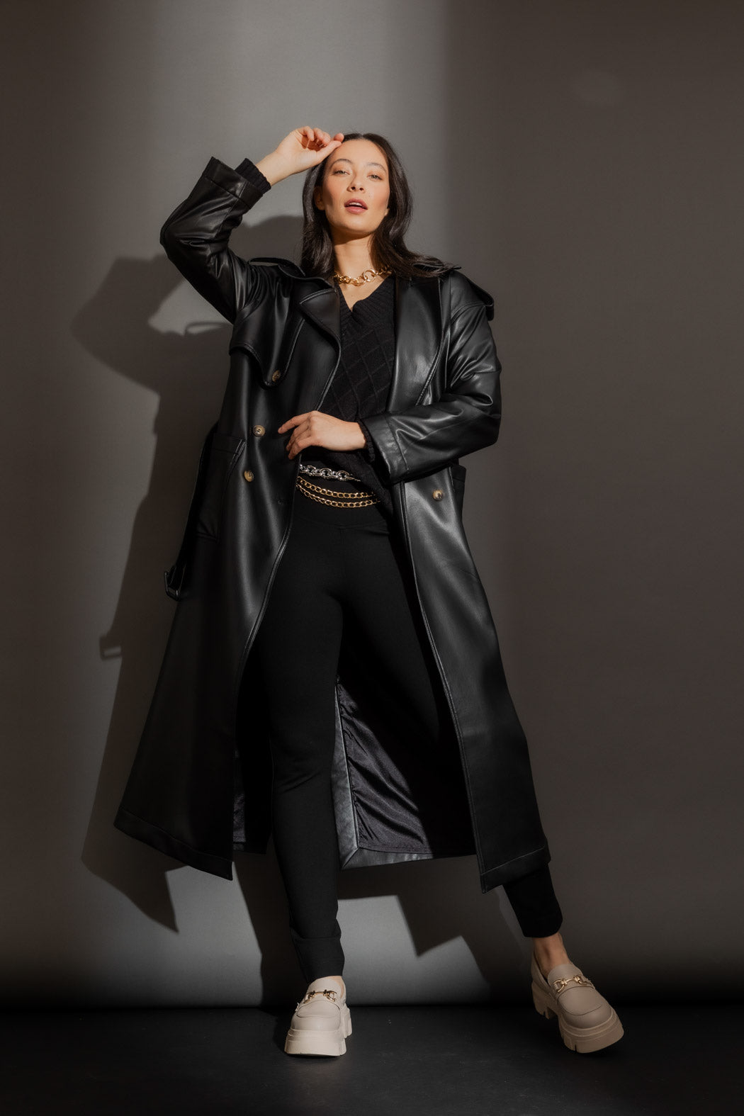 Black Faux Leather Trench Coat Black S