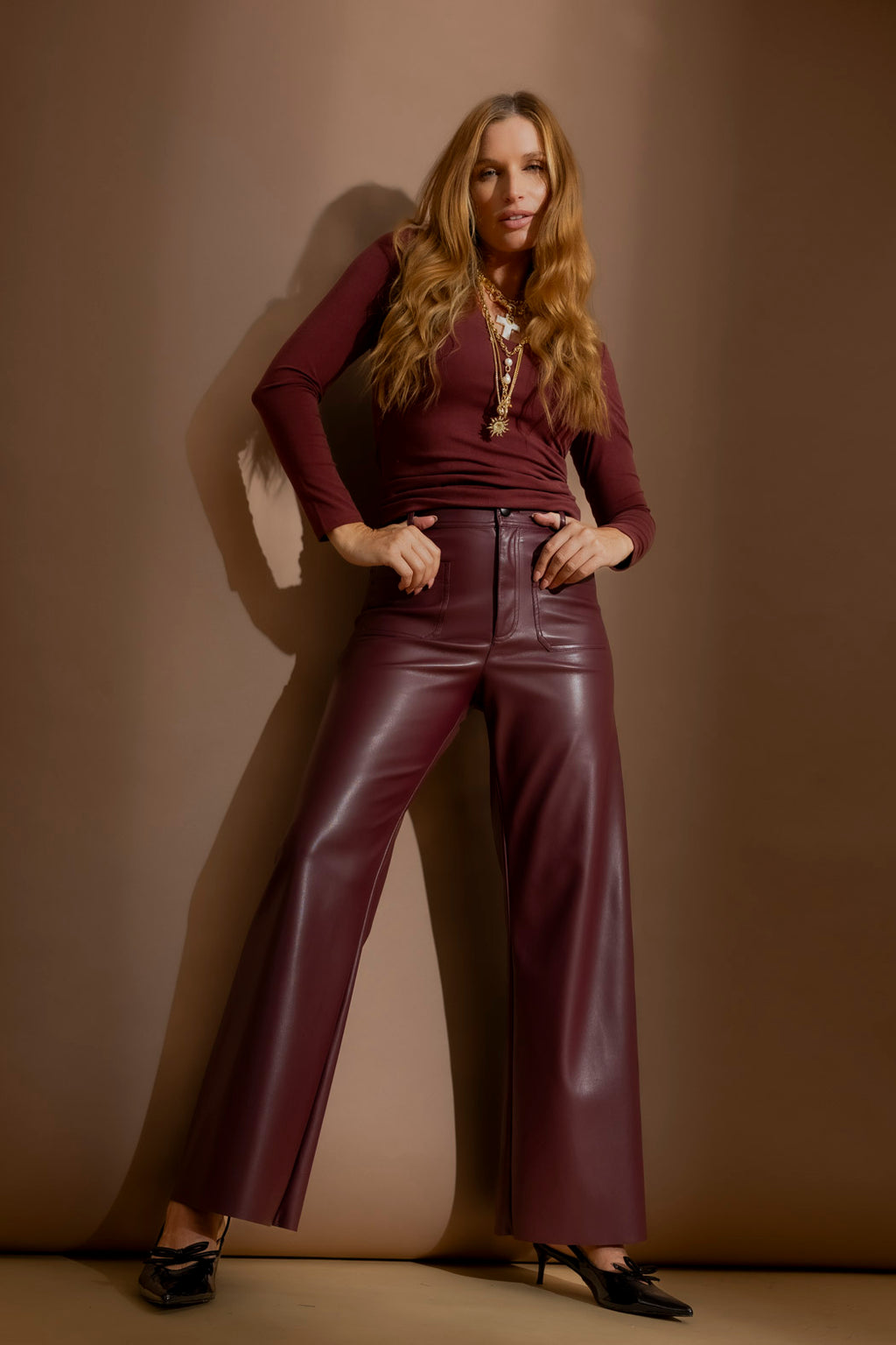 Burgundy Faux Leather Pocket Pant