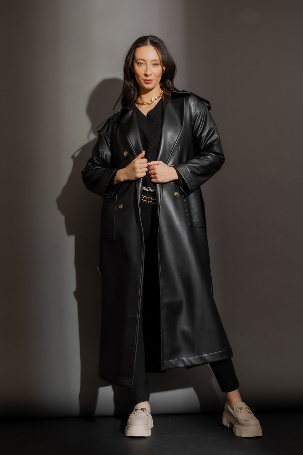 Black Faux Leather Trench Coat Black S