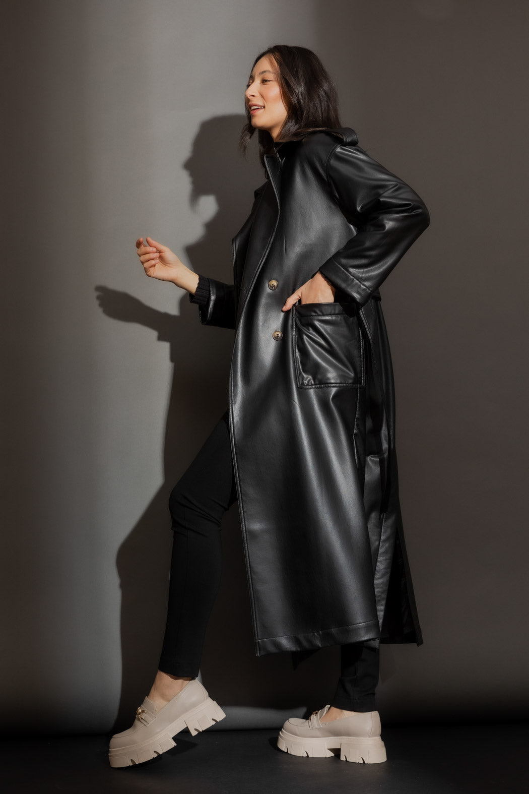 Black Faux Leather Trench Coat Black S