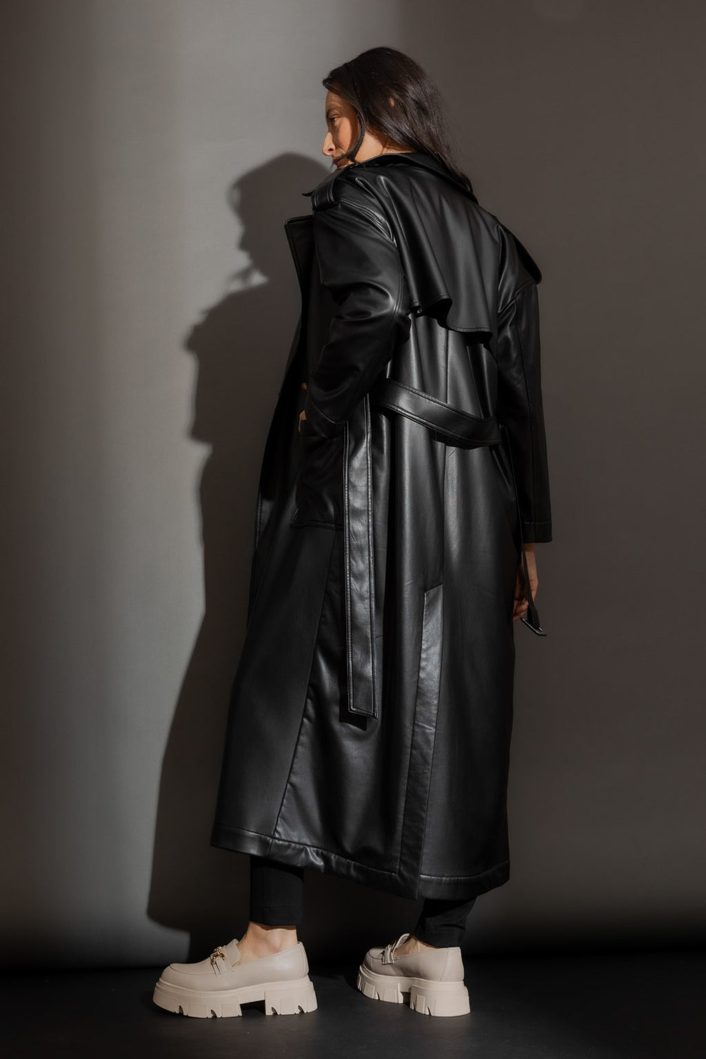 Black Faux Leather Trench Coat Black S