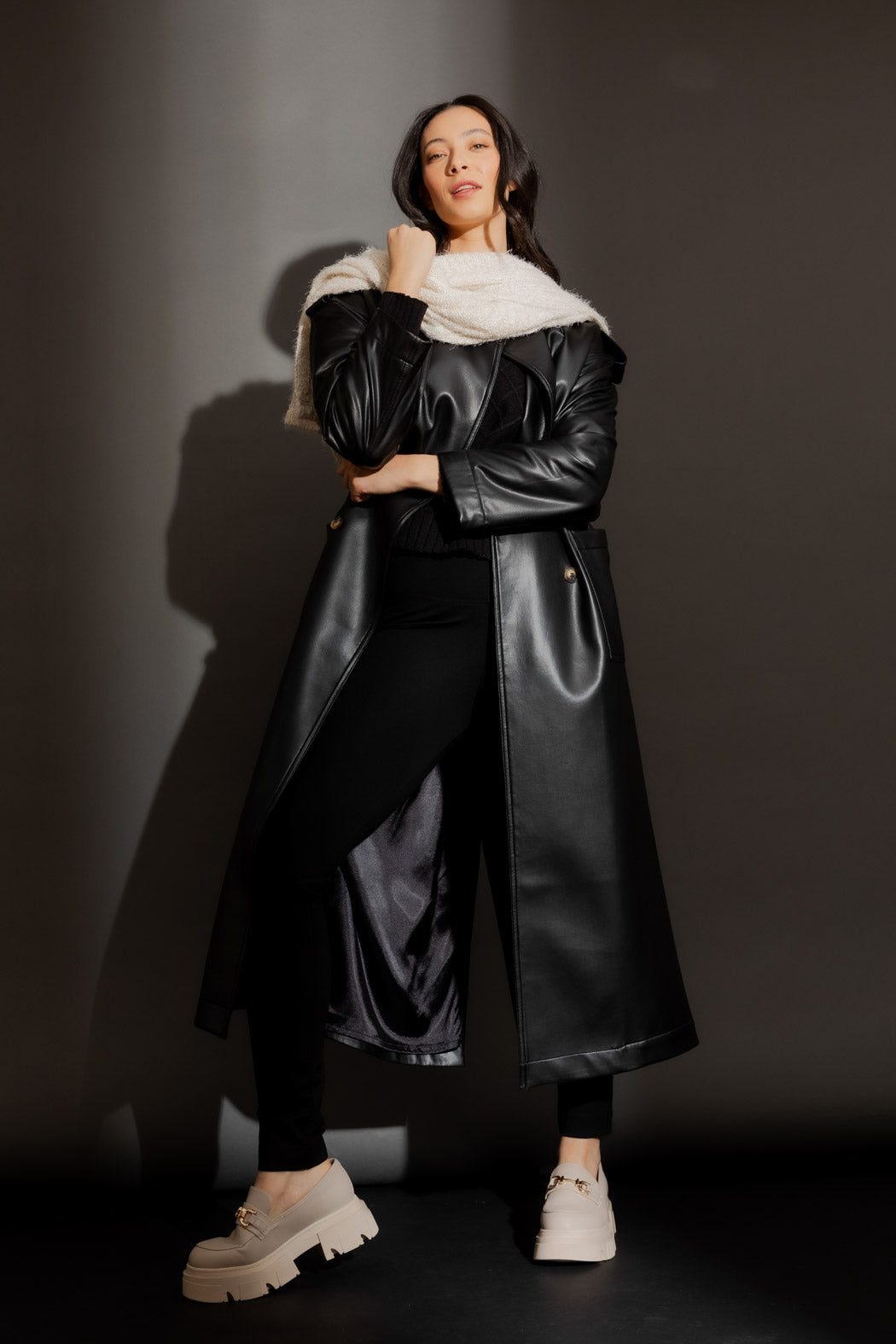 Black Faux Leather Trench Coat Black S