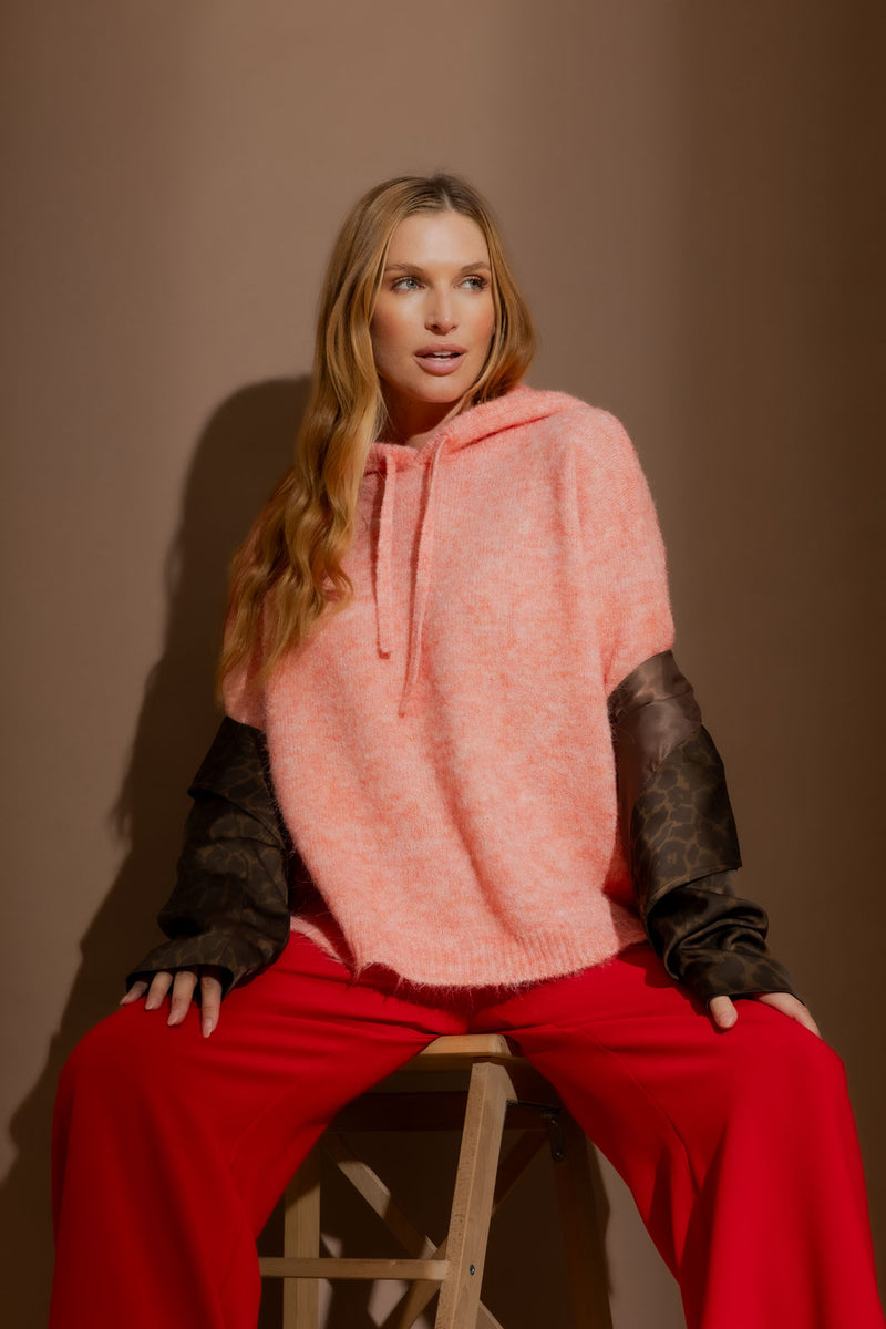 Coral Recycled Yarn Fluffy Hoodie Coral S