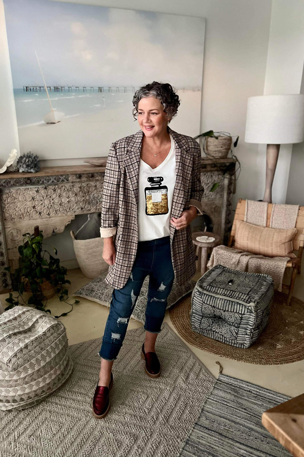 Beige Check Oversized Blazer