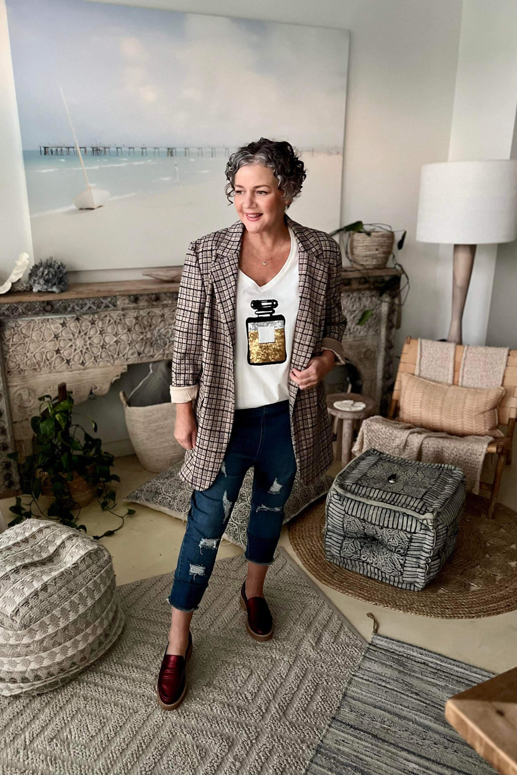 Beige Check Oversized Blazer