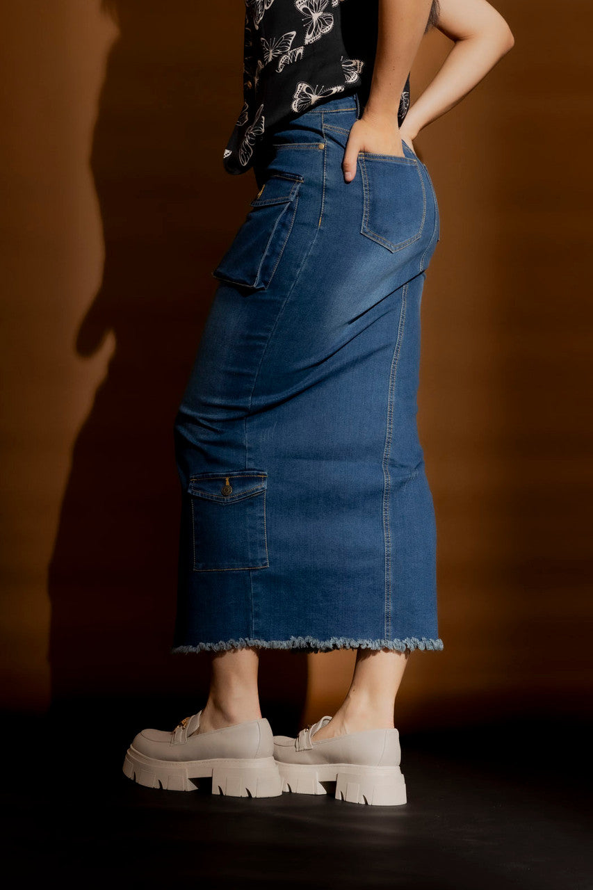Mid Denim Cargo Split Skirt Mid Denim