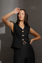 Black Sandwashed Linen Tailored Vest