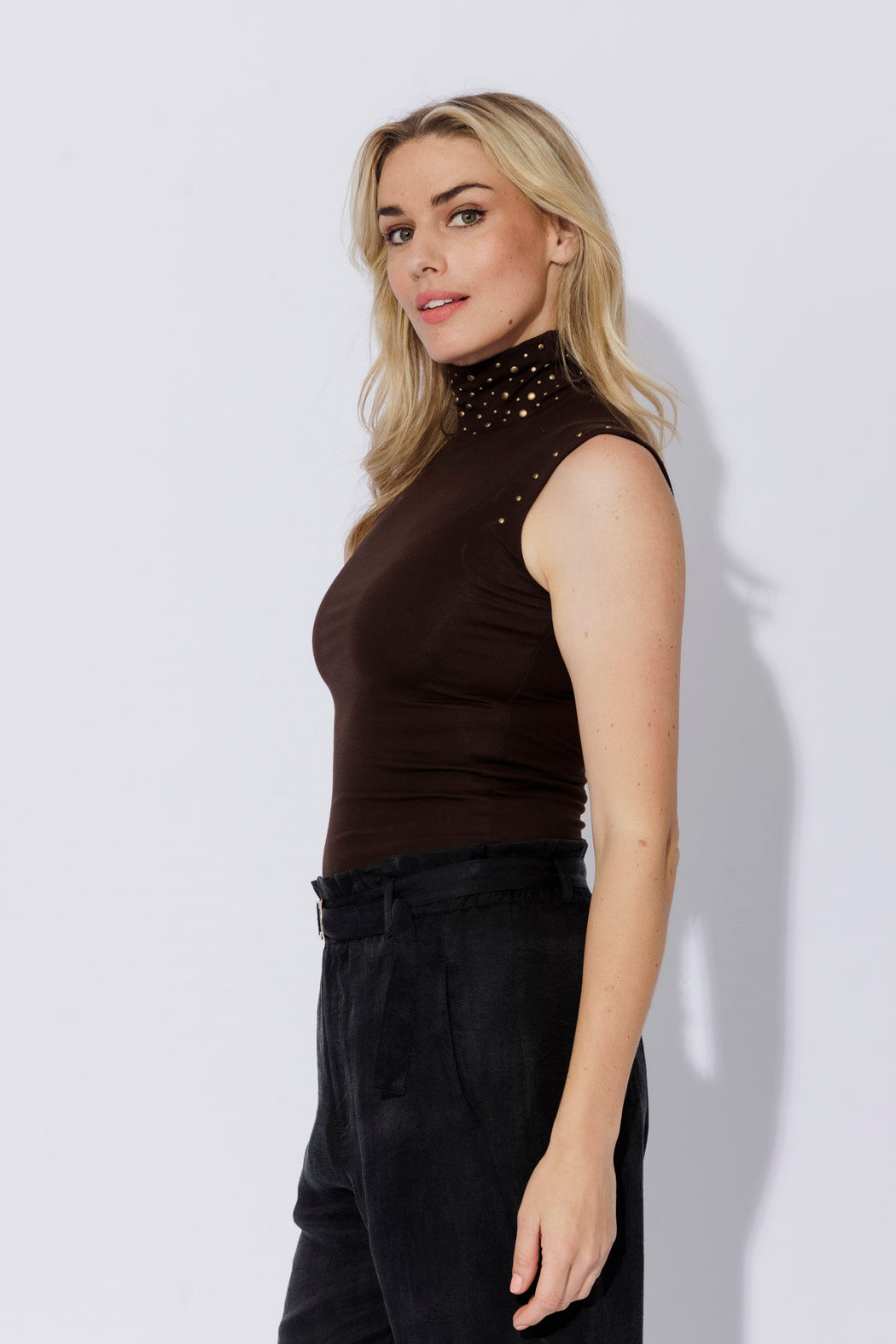 Chocolate Tencel Stud High Neck Cami