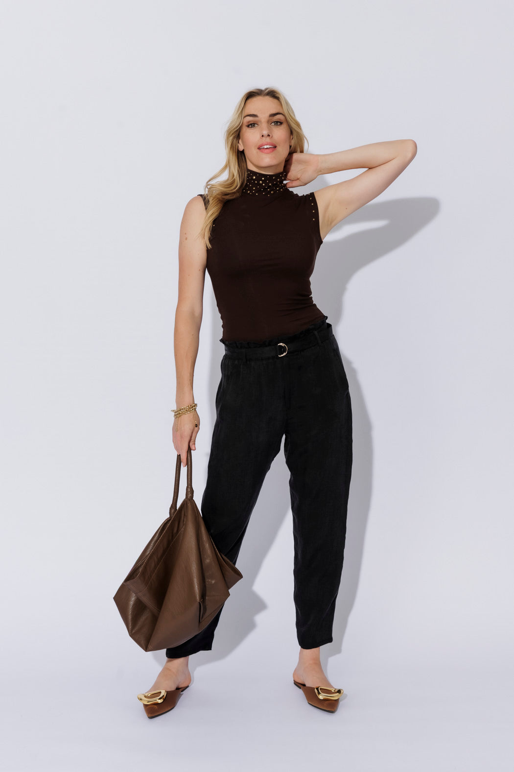 Chocolate Tencel Stud High Neck Cami
