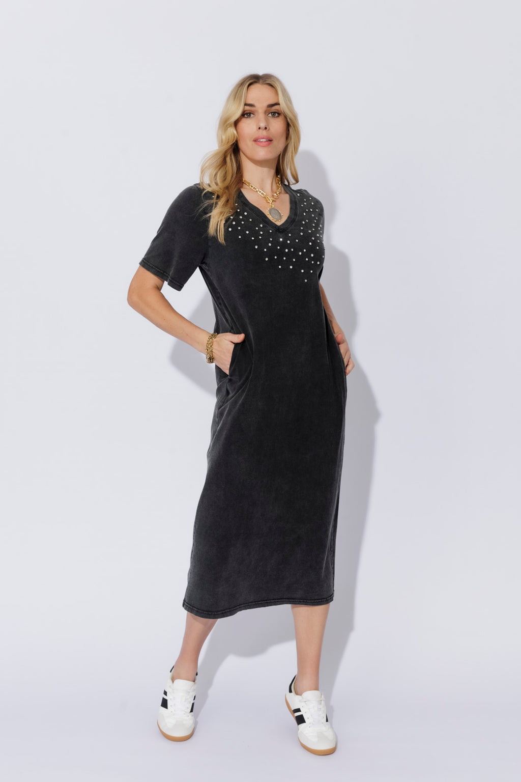 Charcoal Washed Cotton Diamante Dress