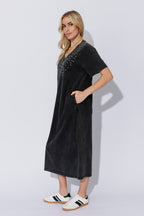 Charcoal Washed Cotton Diamante Dress