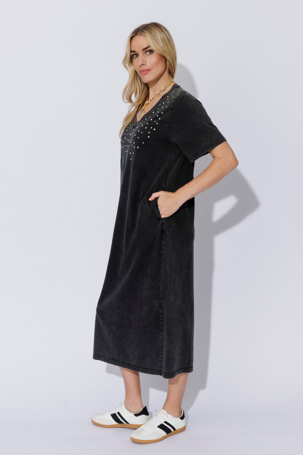 Charcoal Washed Cotton Diamante Dress