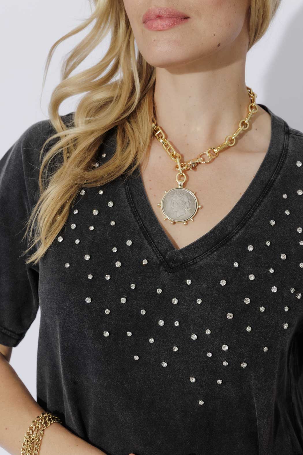 Charcoal Washed Cotton Diamante Dress