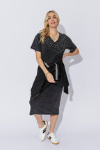 Charcoal Washed Cotton Diamante Dress