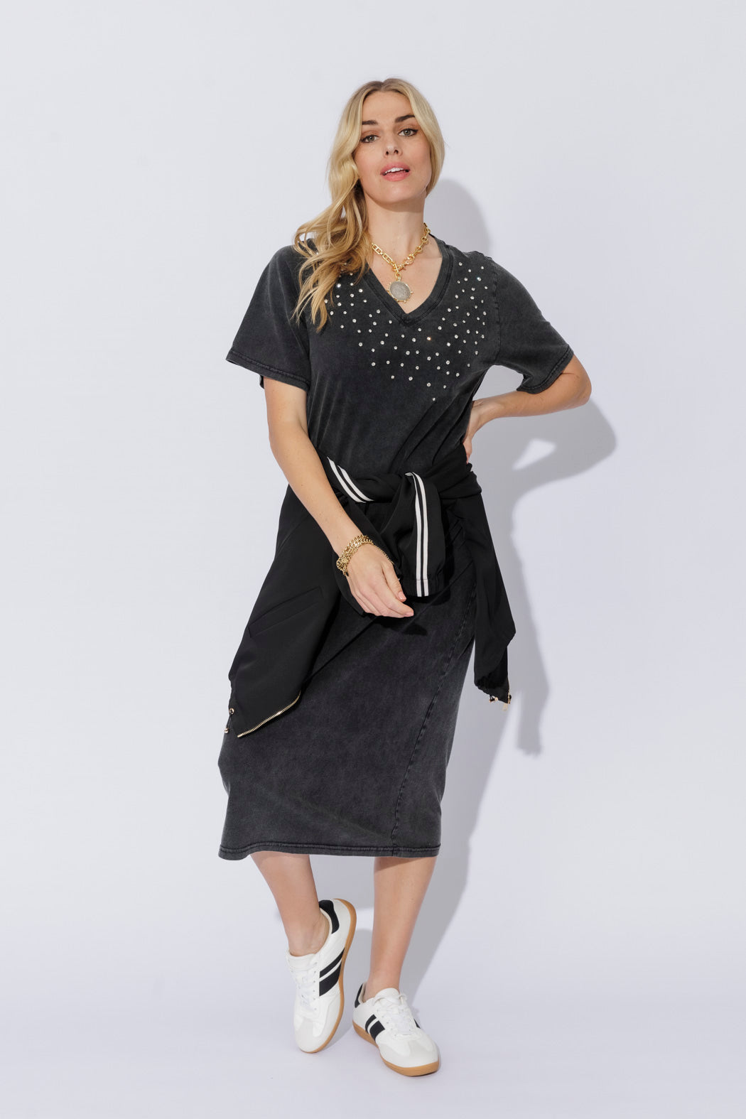 Charcoal Washed Cotton Diamante Dress