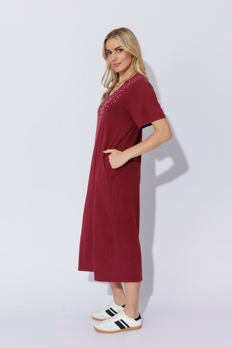 Burgundy Washed Cotton Diamante Dress