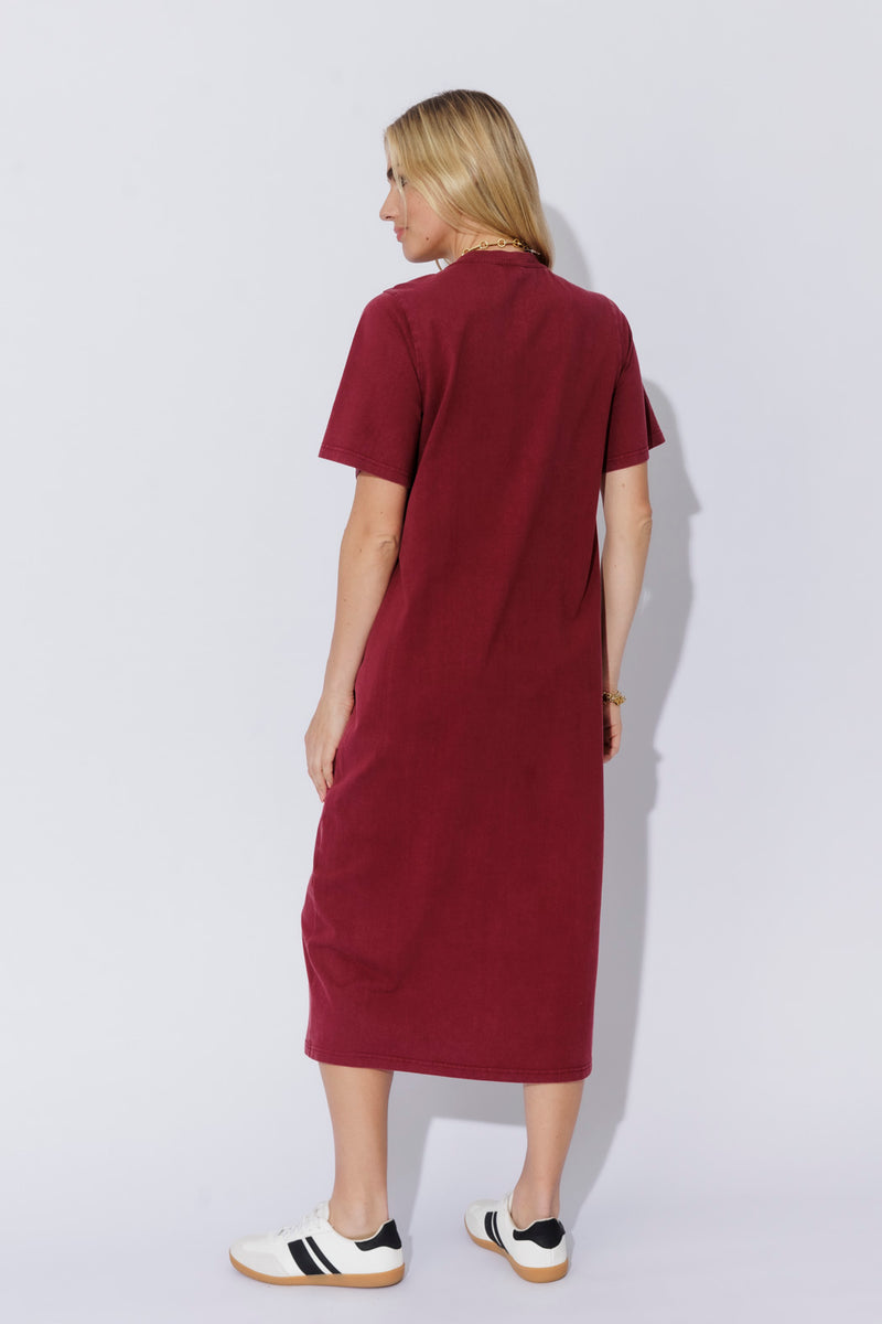Burgundy Washed Cotton Diamante Dress