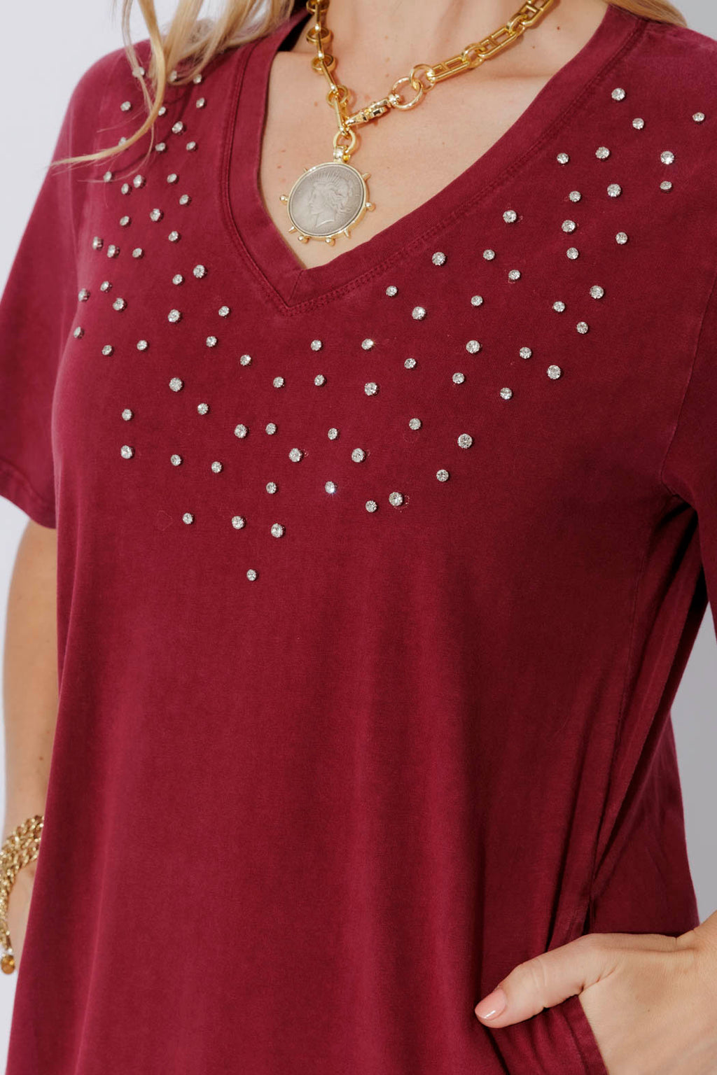 Burgundy Washed Cotton Diamante Dress