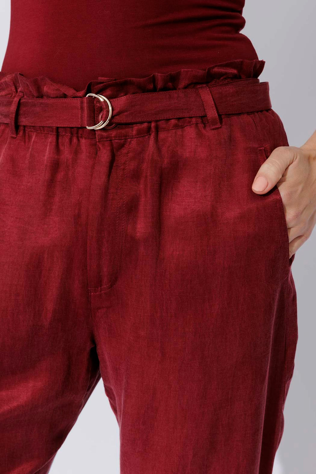 Burgundy Cupro/Linen Paperbag Pant