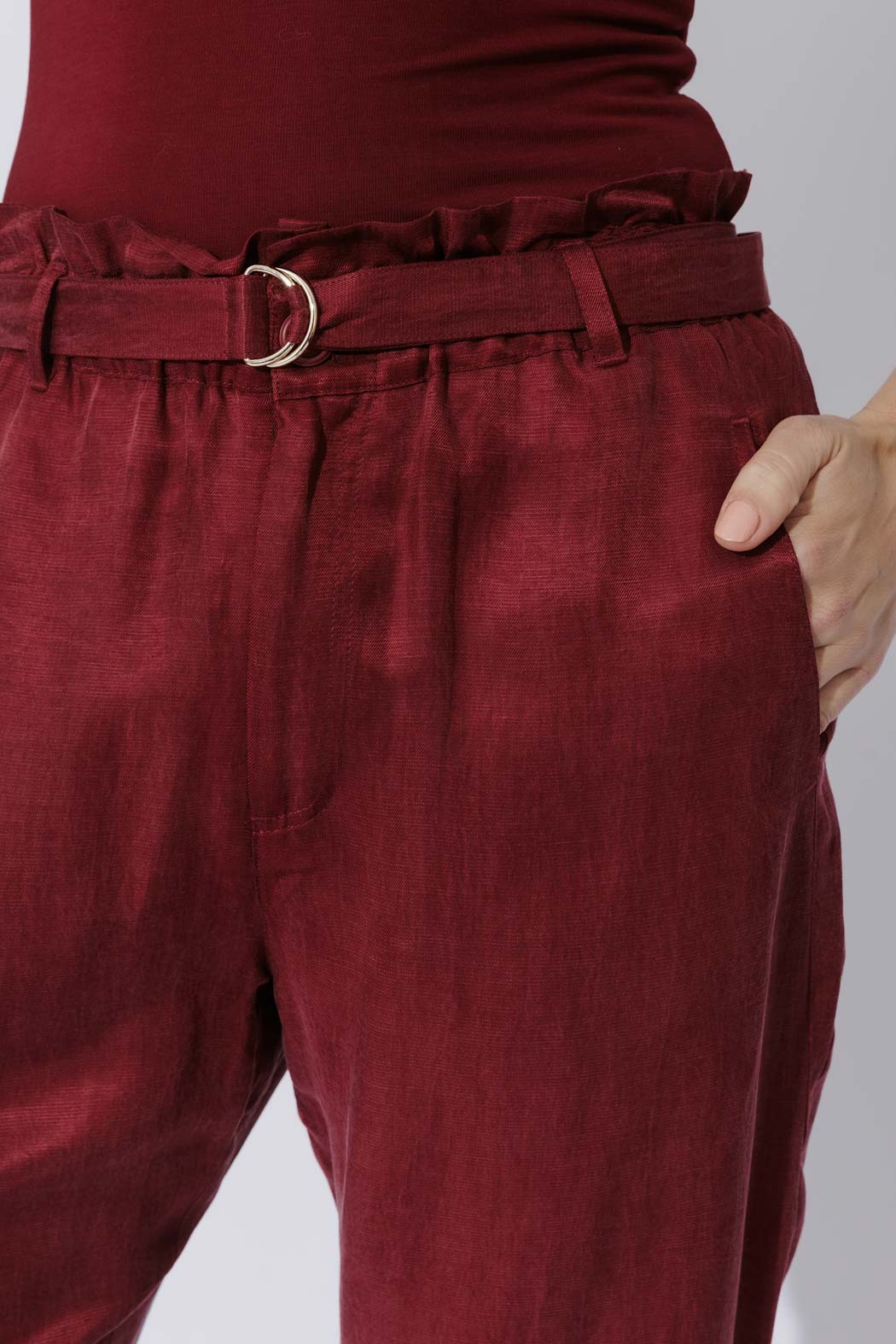 Burgundy Cupro/Linen Paperbag Pant
