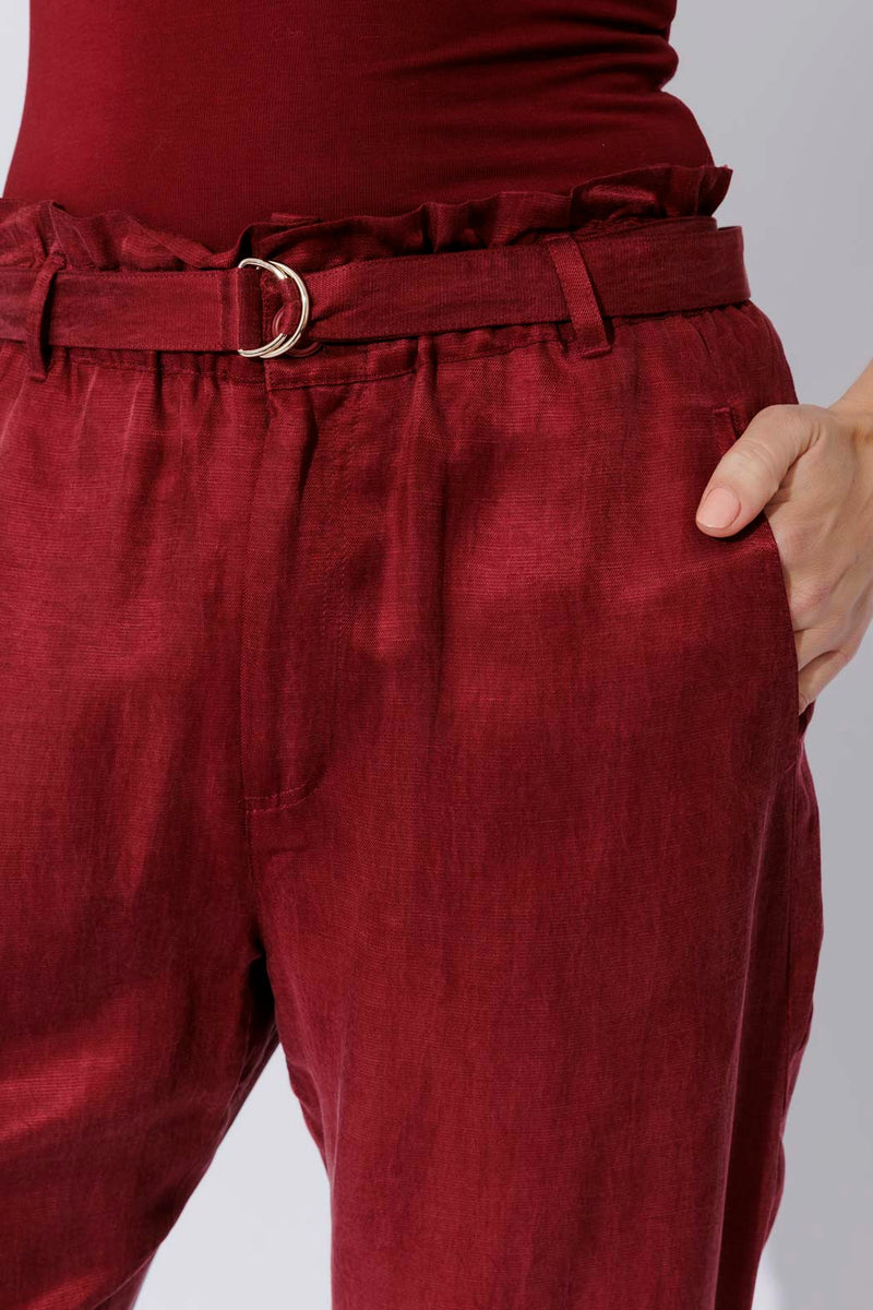 Burgundy Cupro/Linen Paperbag Pant