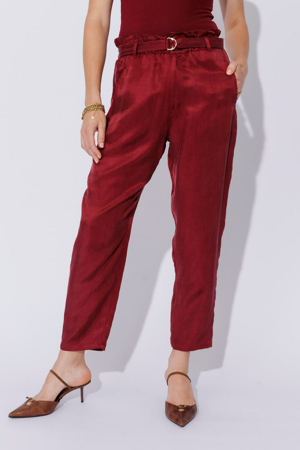 Burgundy Cupro/Linen Paperbag Pant