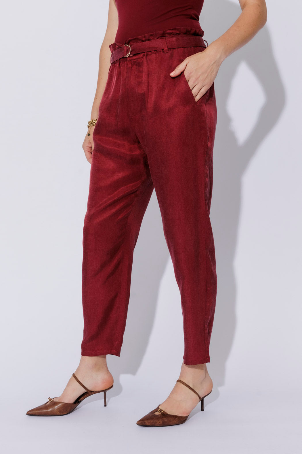 Burgundy Cupro/Linen Paperbag Pant