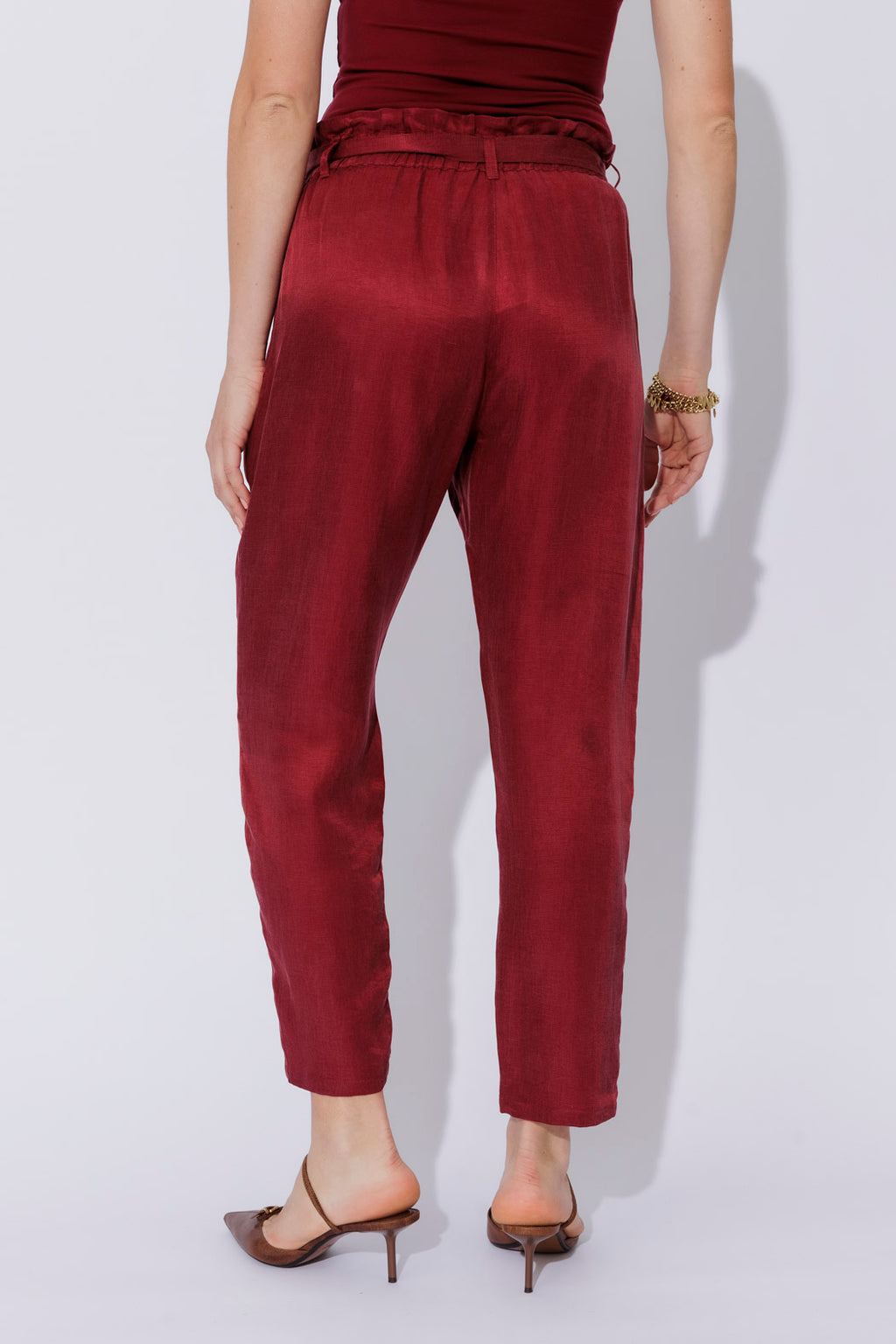 Burgundy Cupro/Linen Paperbag Pant