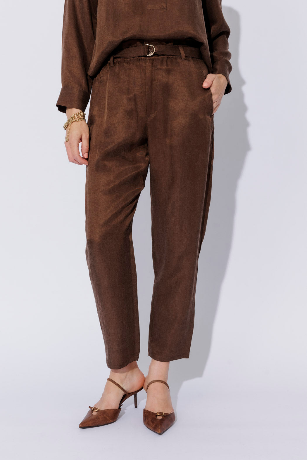 Chocolate Cupro/Linen Paperbag Pant