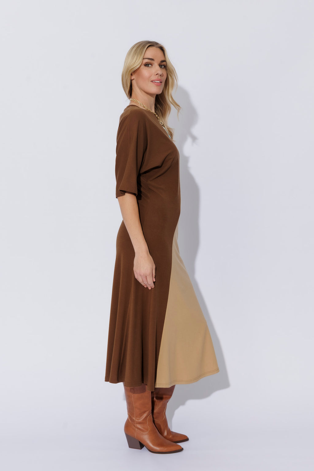 Brown/Beige Tencel Dolman Dress