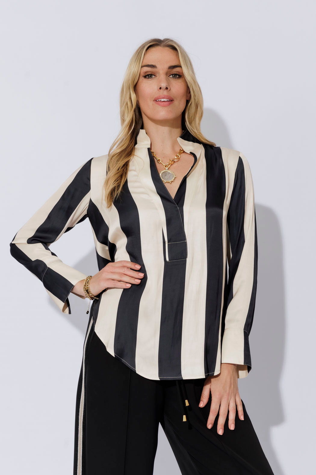 Black/Beige Stripe Longline Milan Blogger Shirt
