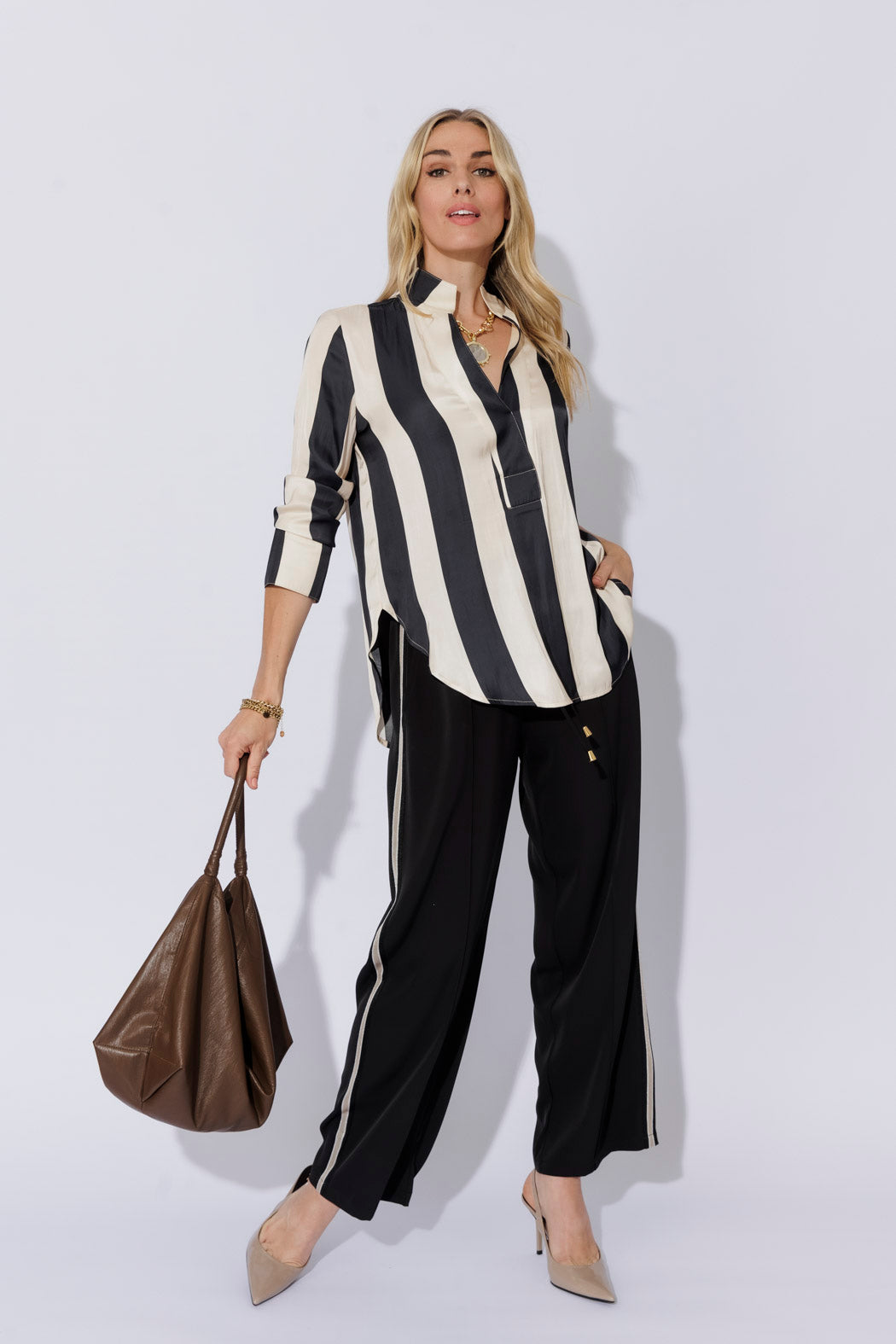Black/Beige Stripe Longline Milan Blogger Shirt