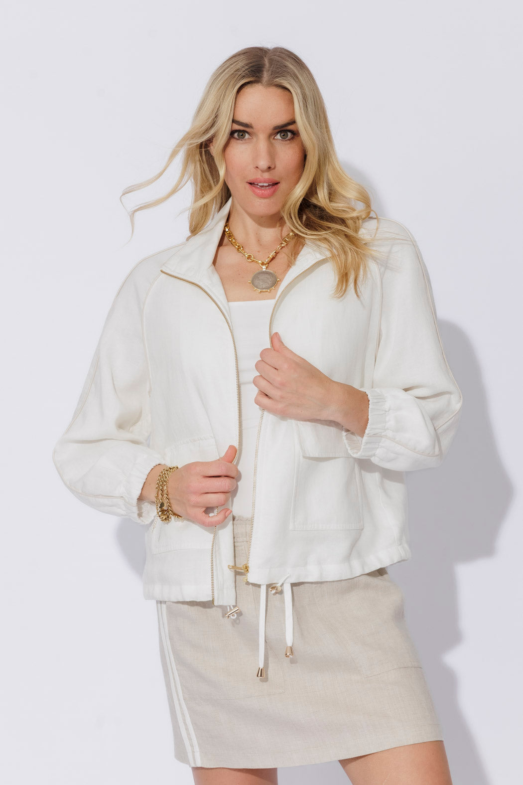 White Washed Linen Bomber Jacket