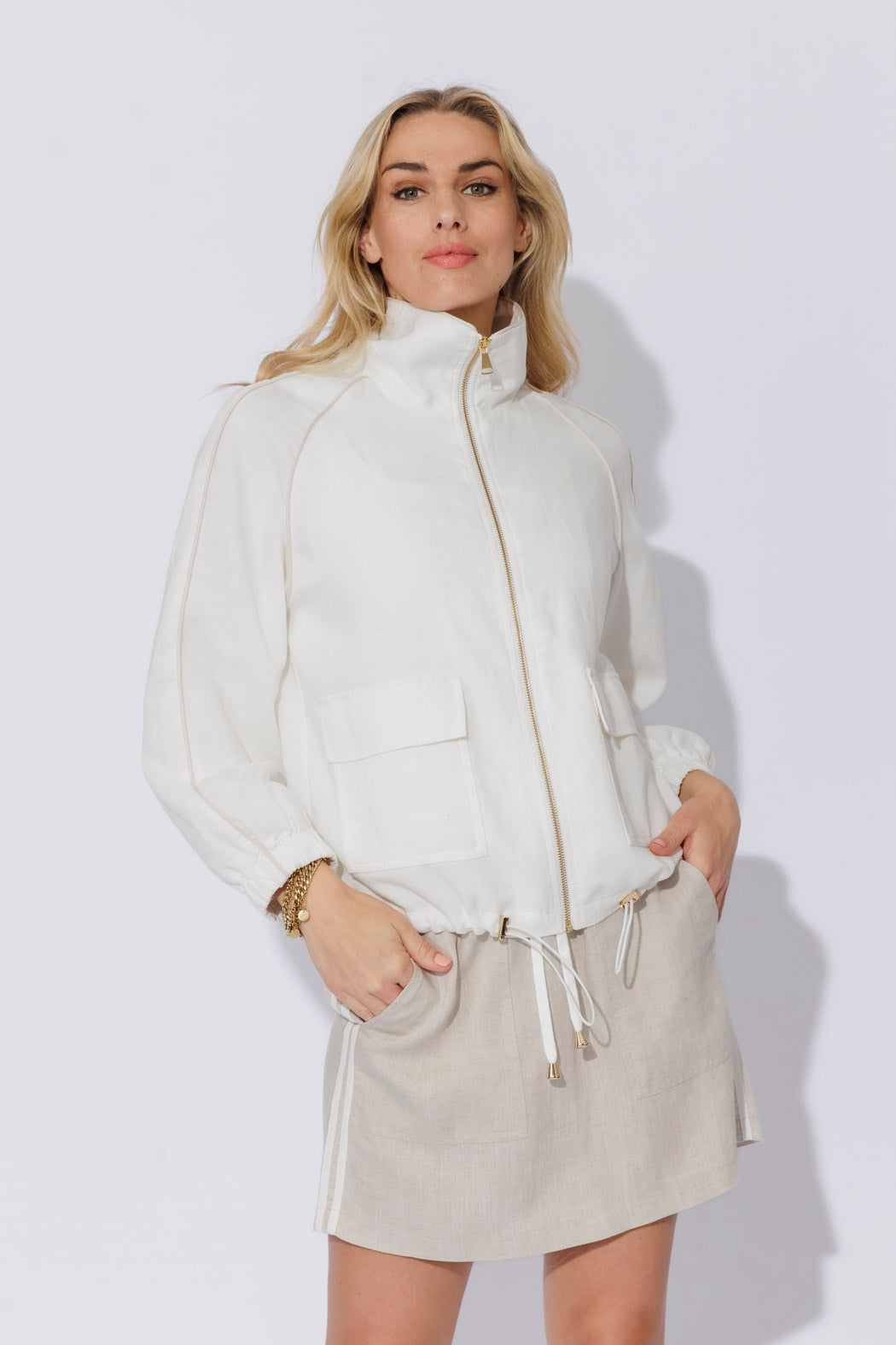 White Washed Linen Bomber Jacket