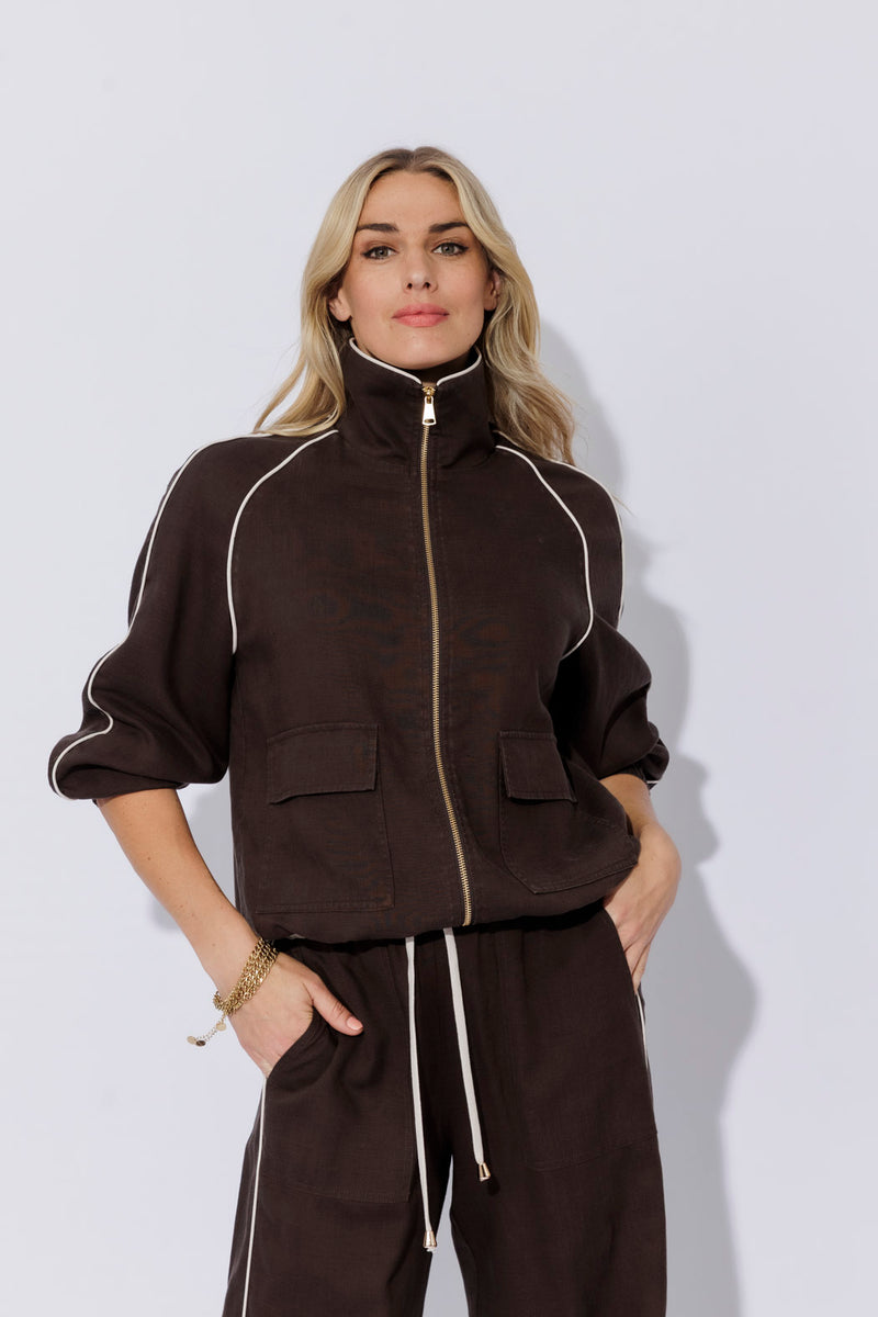 Chocolate Washed Linen Bomber Jacket