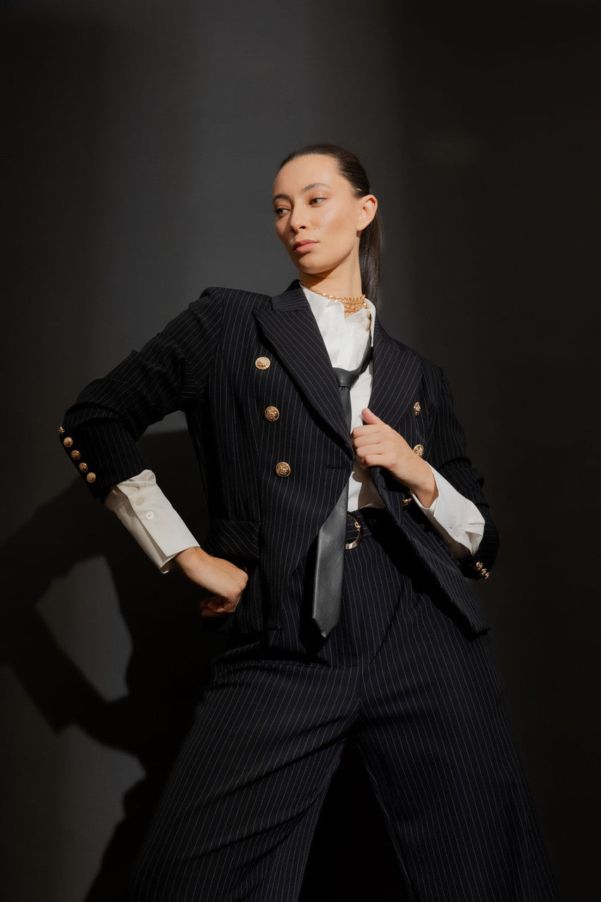 Black Stripe Sisca Midi Blazer Black Stripe