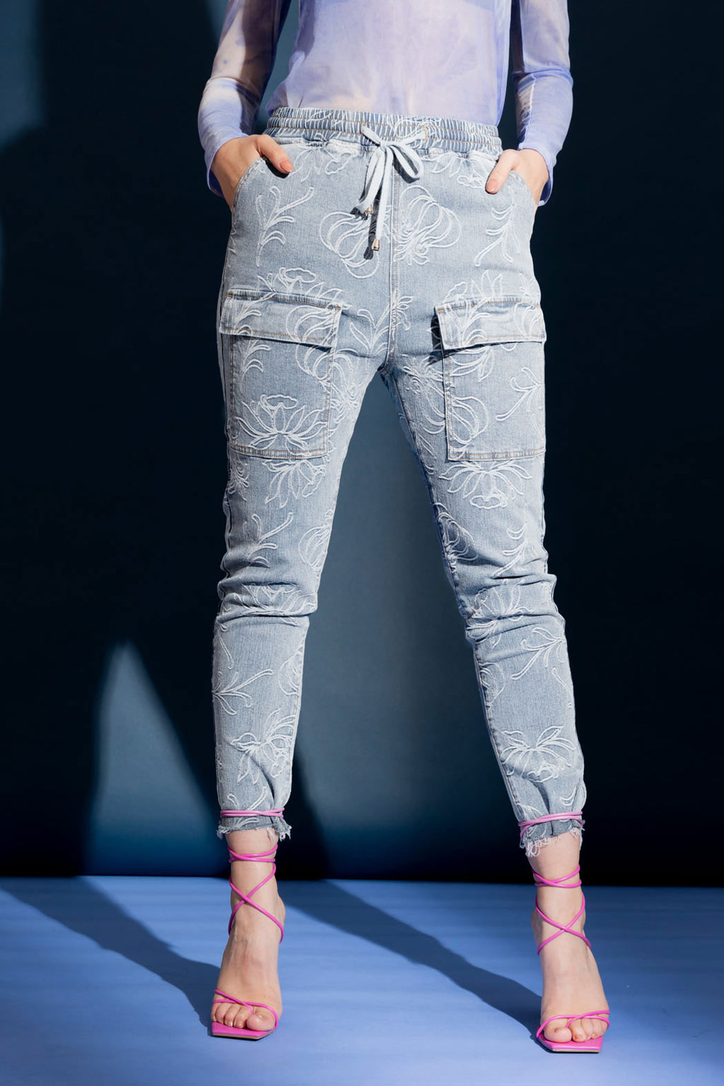 Light Denim Floral Cargo Jean Light Denim
