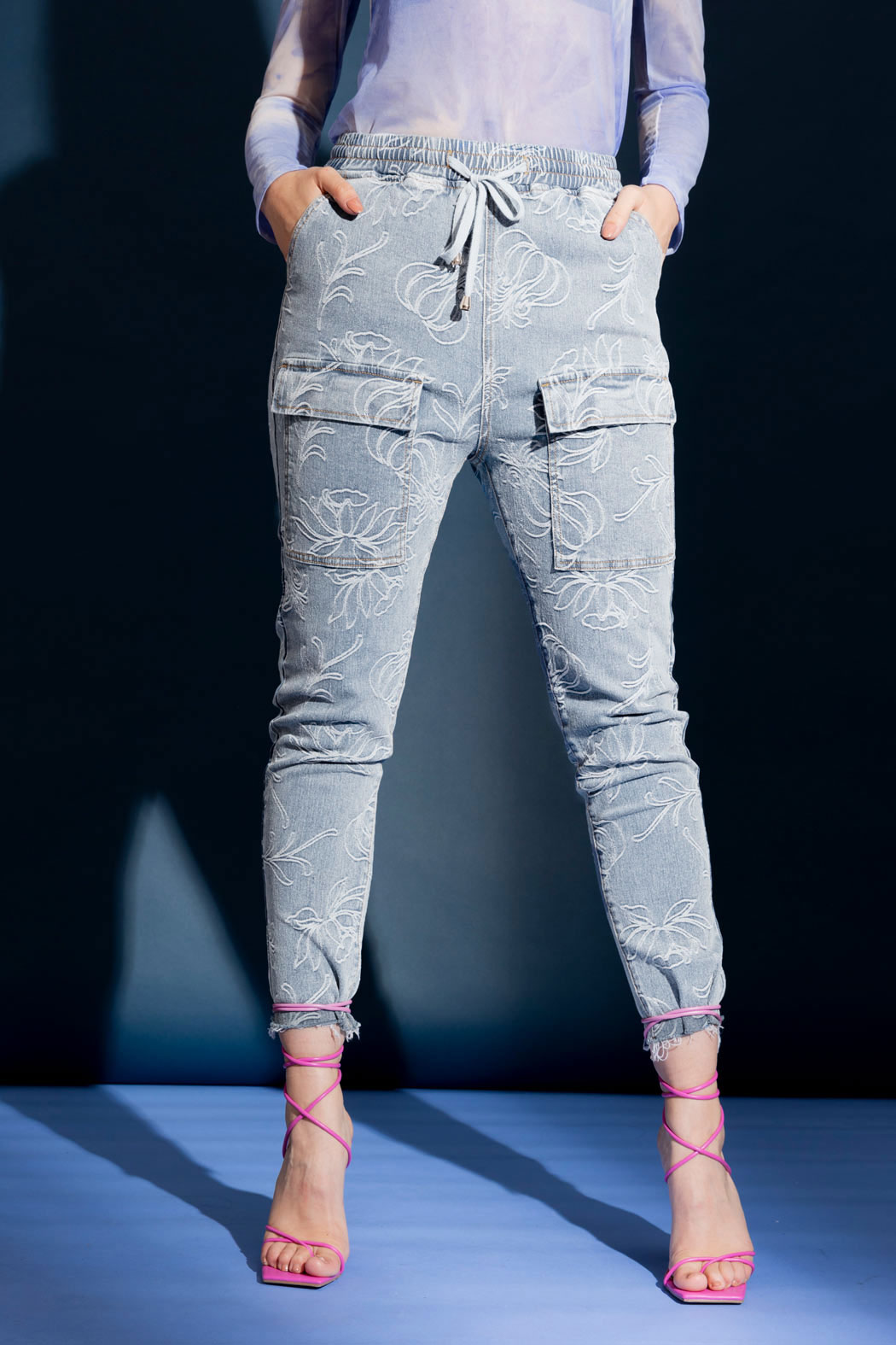 Light Denim Floral Cargo Jean Light Denim