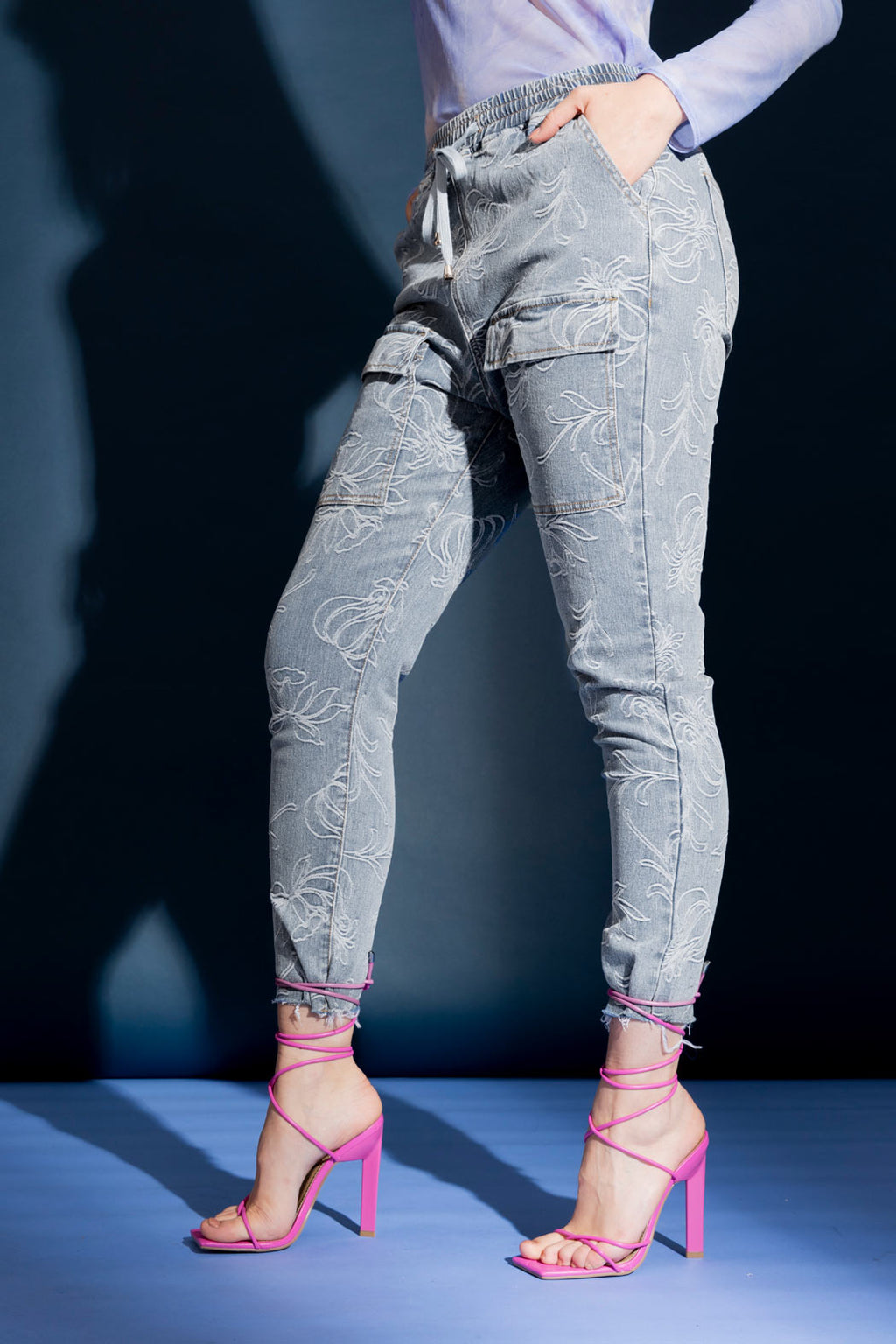 Light Denim Floral Cargo Jean Light Denim