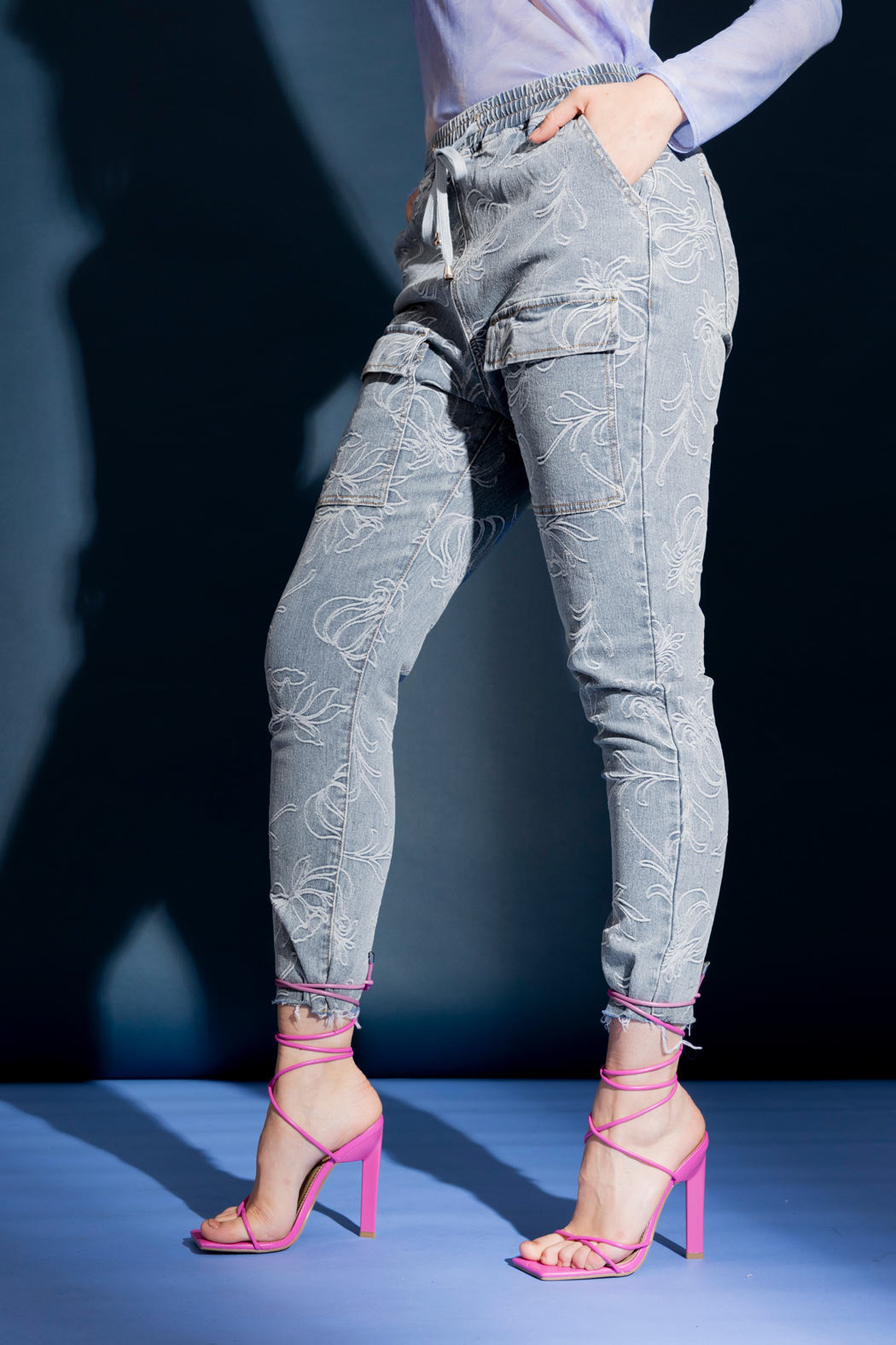 Light Denim Floral Cargo Jean Light Denim
