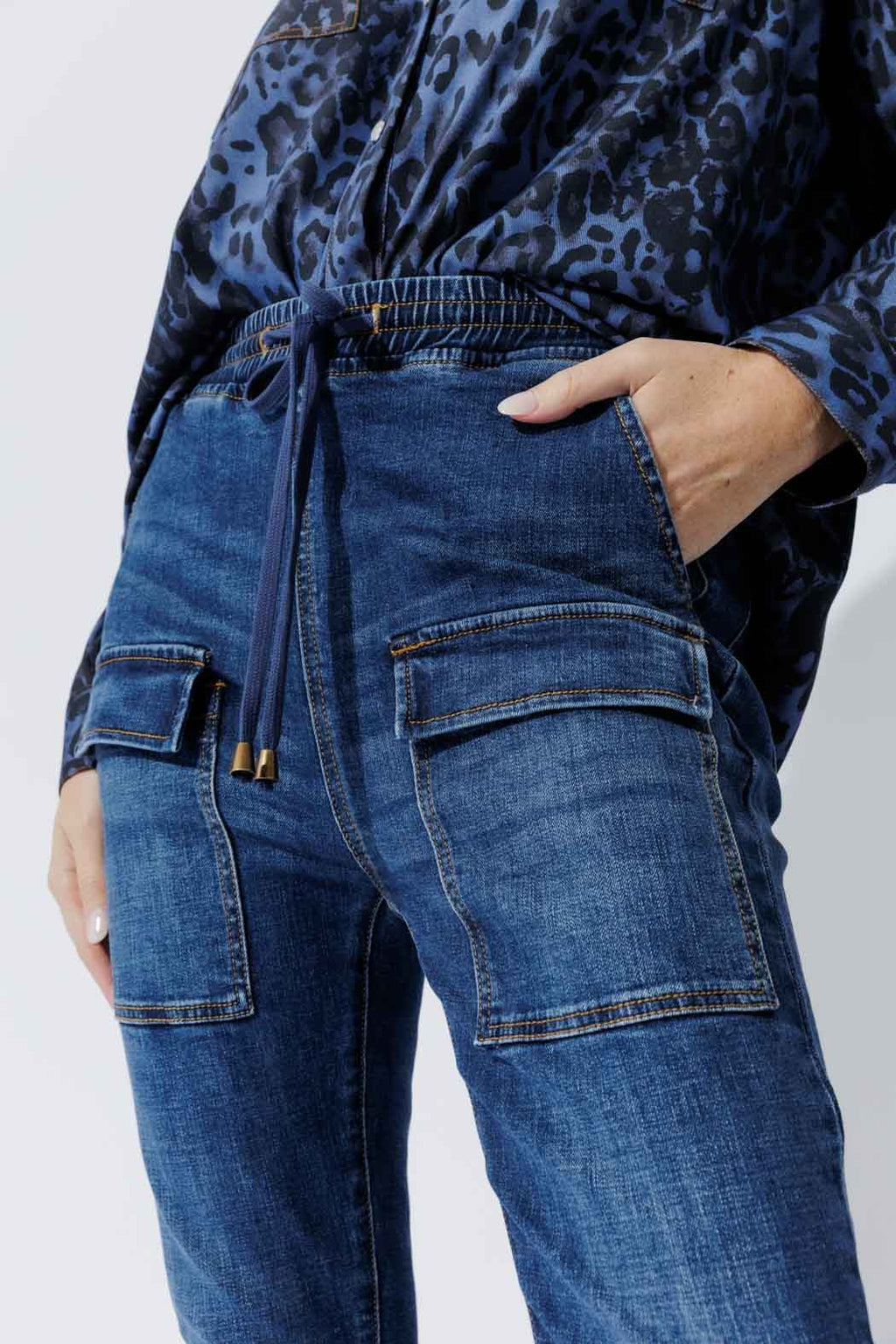 Mid Denim Pull On Cargo Jean